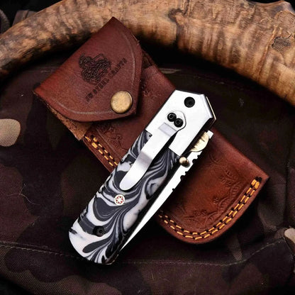 Handmade Folding Knife with Cleaver Blade and Marble Resin Handle
