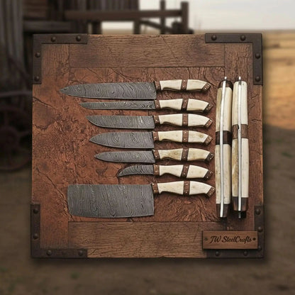 7-Piece Damascus Kitchen Knife Set — Bread, Cleaver, Chef, Santoku, Fillet, Boning & Utility