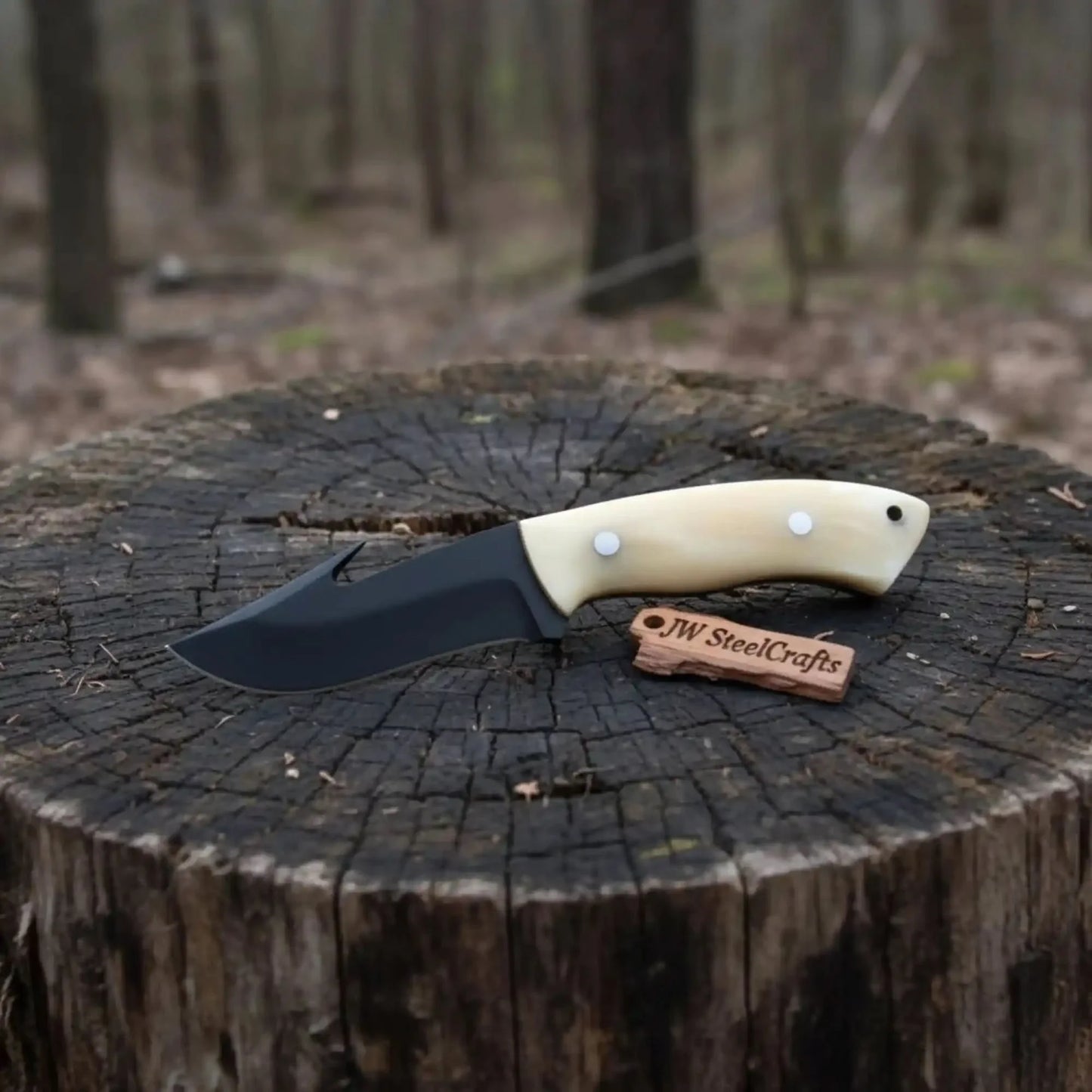 Gut Hook Skinner Knife Black Coated Blade Bone Handle 3.5 Inch Fixed Blade Hunting Knife