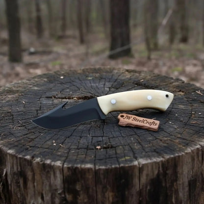 Gut Hook Skinner Knife Black Coated Blade Bone Handle 3.5 Inch Fixed Blade Hunting Knife