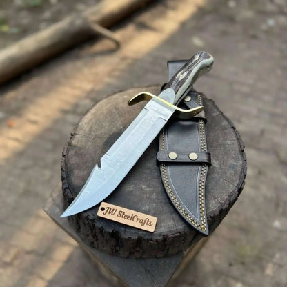 16-Inch Damascus Bowie Knife — 11-Inch Blade, Stag Handle, Brass S-Guard & Leather Belt Sheath
