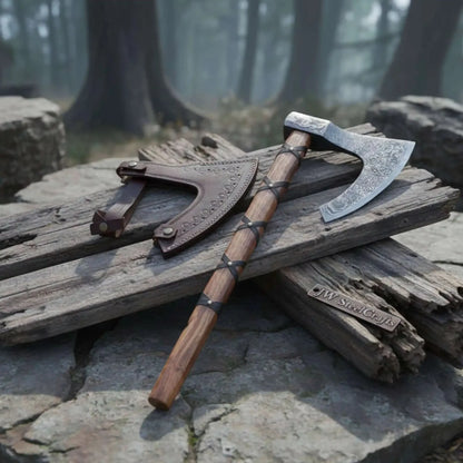 Handmade Damascus Skeggøx Bearded Axe with Leather Wrap and Sheath