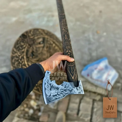 Handcrafted Viking Shield and Engraved Axe Set with Raven Motif and Norse Knotwork