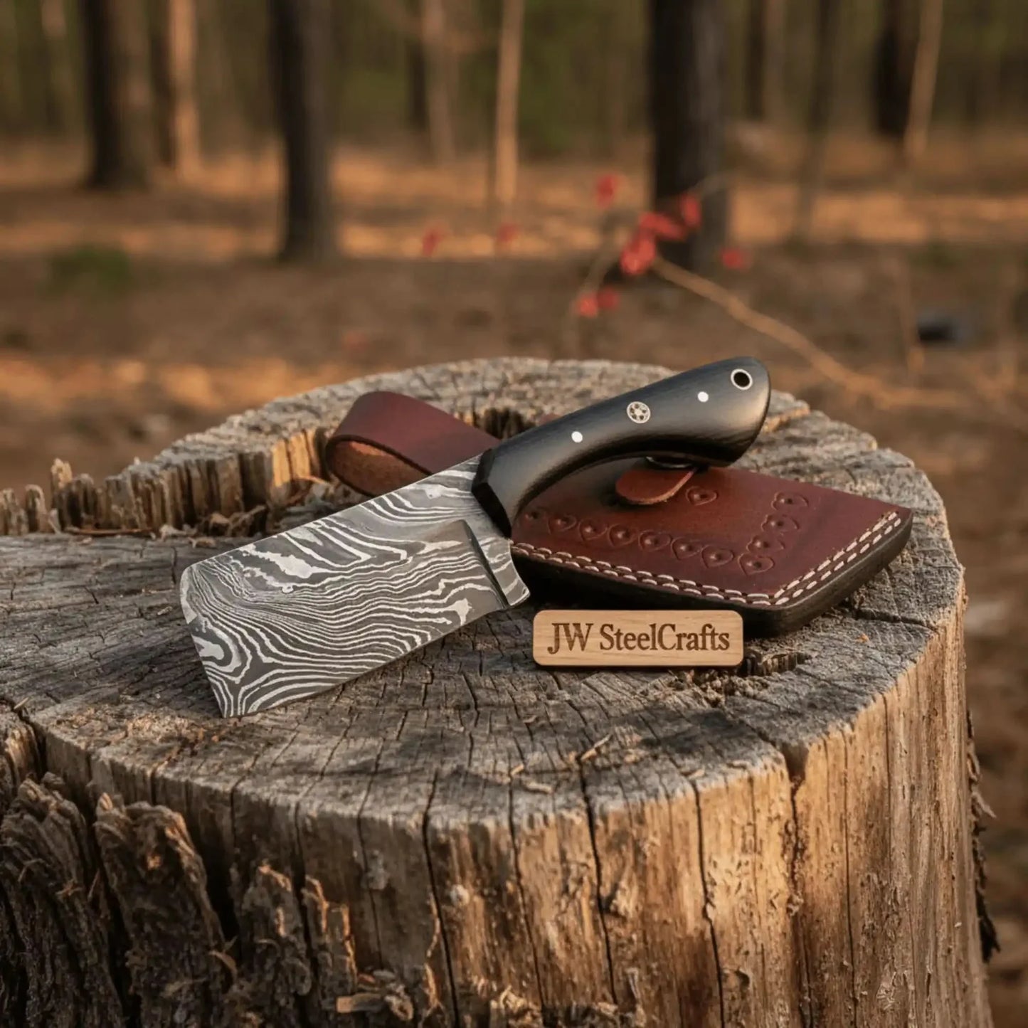Custom Forged Damascus Mini Butcher Cleaver — Full Tang Black Handle with Leather Sheath