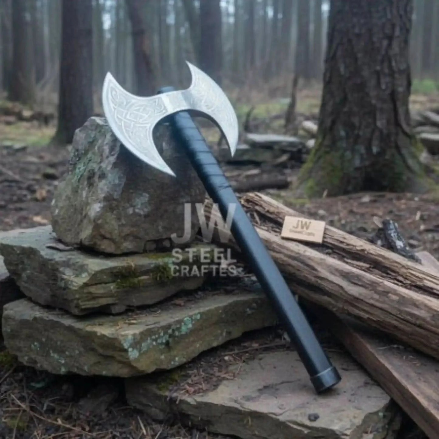 Custom Handmade Double-Headed Viking Axe with Nordic Knotwork Engravings and Cord-Wrapped Handle
