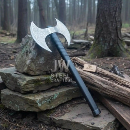 Custom Handmade Double-Headed Viking Axe with Nordic Knotwork Engravings and Cord-Wrapped Handle