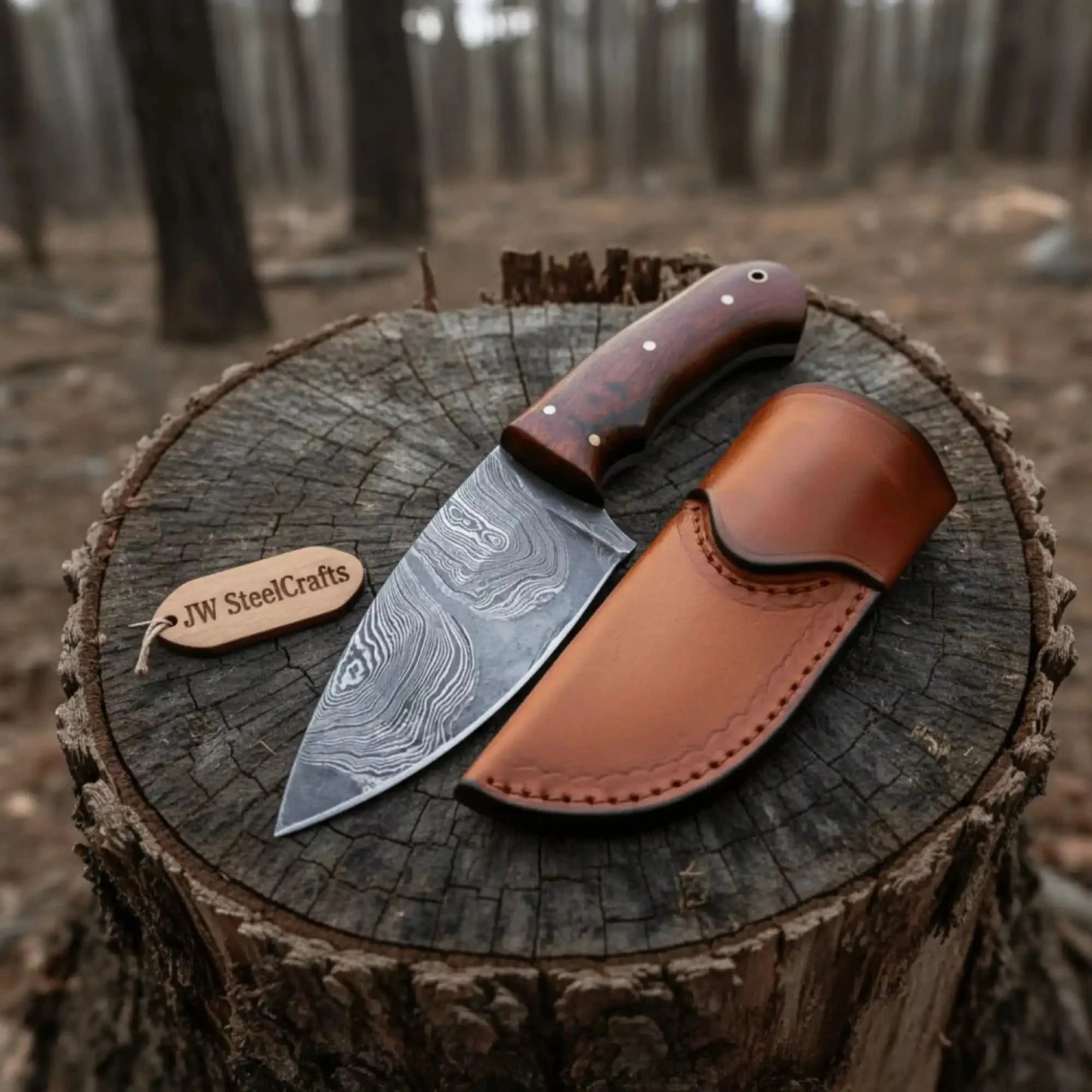 Damascus Skinner Knife 6” Fixed Blade rose wood Handle