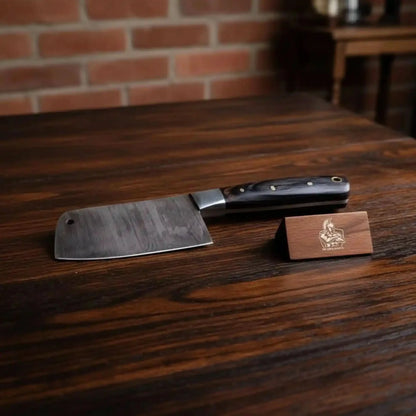 7-Inch Forged Damascus Cleaver Knife — Twisted Pattern Blade, Grey Pakka Wood Handle, Steel Bolster & Hanging Hole | JW Steel Crafts