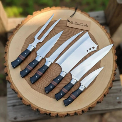 6-Piece J2 Steel Kitchen Knife Set — Chef, Cleaver, Santoku, Utility, Paring & Carving Fork with Black Resin Rosewood Handles