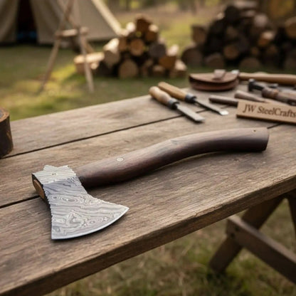 Handmade Damascus Camp Axe with Mosaic Pin and Rosewood Handle
