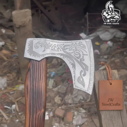 Hand Forged Carbon Steel Viking Axe with Carved Ash Wood Handle and Leather Grip