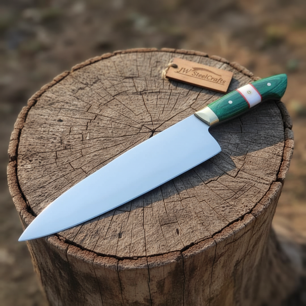 Carbon Steel Chef Knife 8” blade  Green Handle Sharp Kitchen Knife