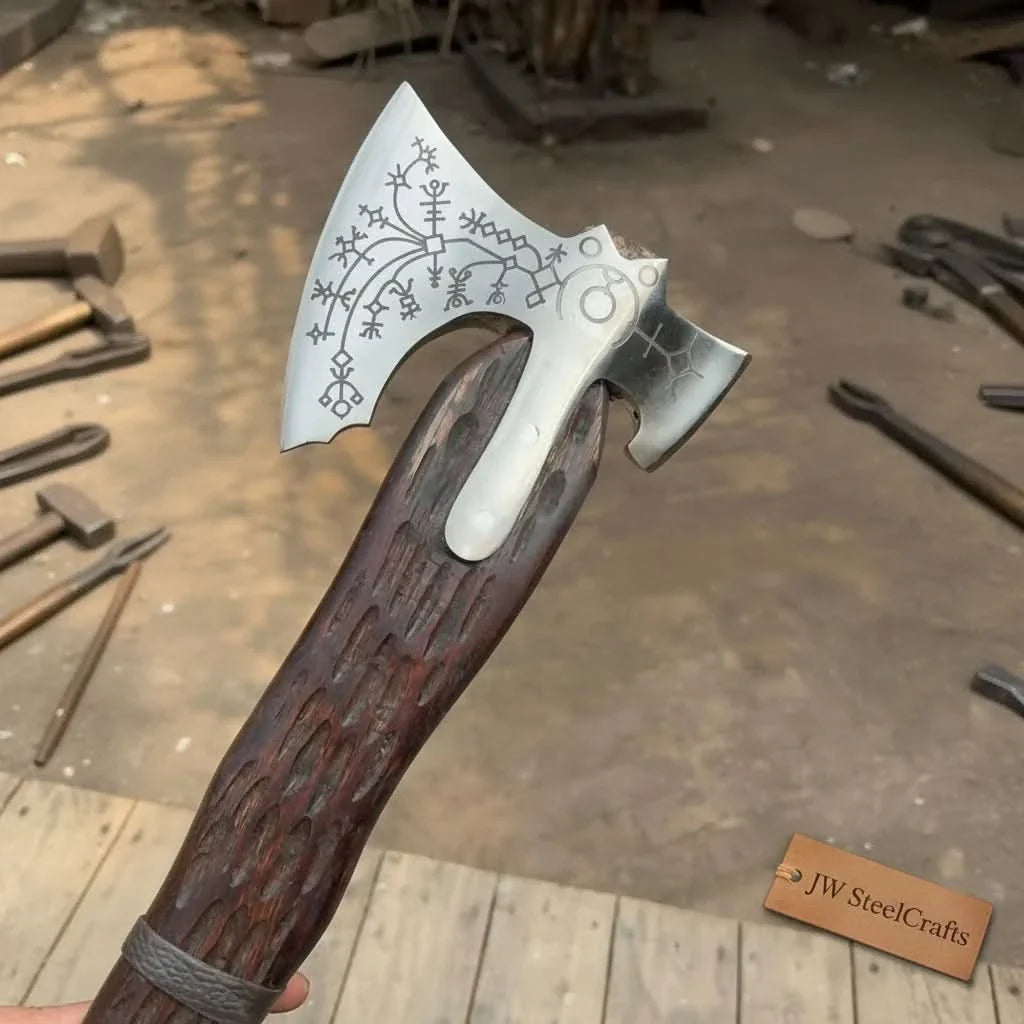 Handmade Viking Double-Bit Carbon Steel Axe with Norse Rune Etching and Engraved Hardwood Handle