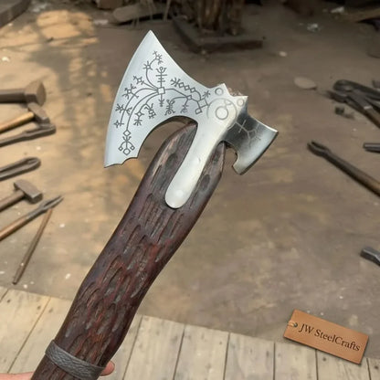 Handmade Viking Double-Bit Carbon Steel Axe with Norse Rune Etching and Engraved Hardwood Handle