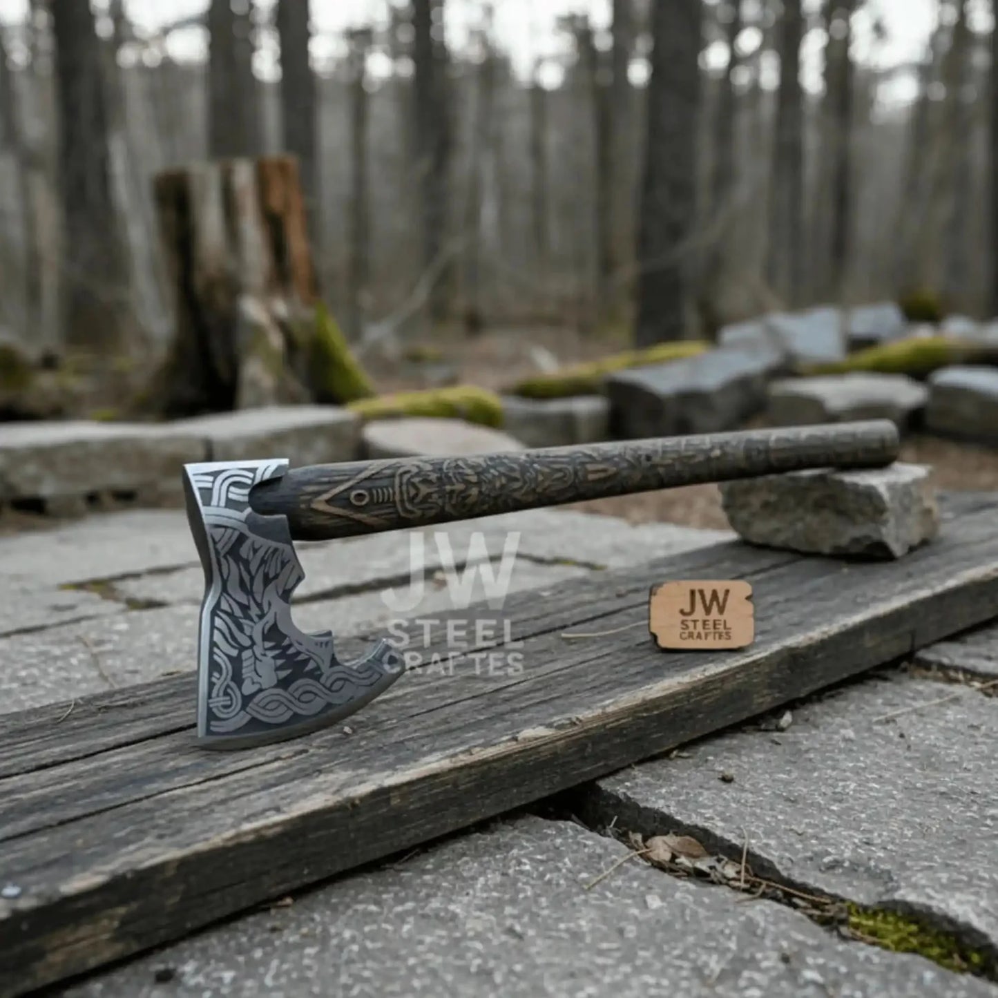 Handcrafted Viking Shield and Engraved Axe Set with Raven Motif and Norse Knotwork