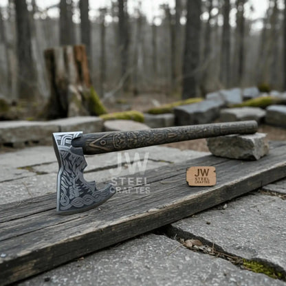 Handcrafted Viking Shield and Engraved Axe Set with Raven Motif and Norse Knotwork