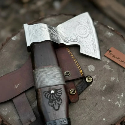 Viking Bearded Axe with Norse Engraved Blade and Leather Sheath