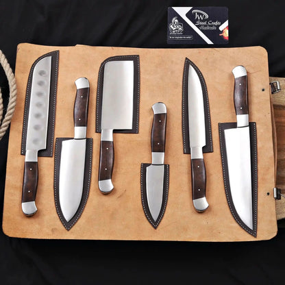 6-Piece High Carbon Steel Kitchen Knife Set with Leather Roll — Olive Wood Handles, Steel Bolsters, 7 to 12 Inc