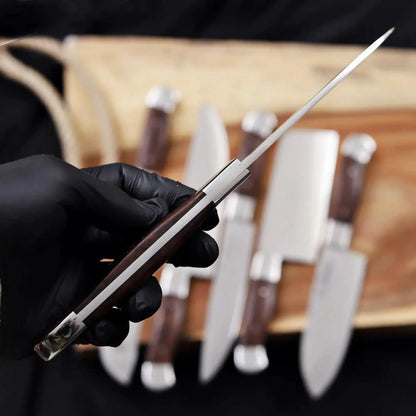 6-Piece High Carbon Steel Kitchen Knife Set with Leather Roll — Olive Wood Handles, Steel Bolsters, 7 to 12 Inc