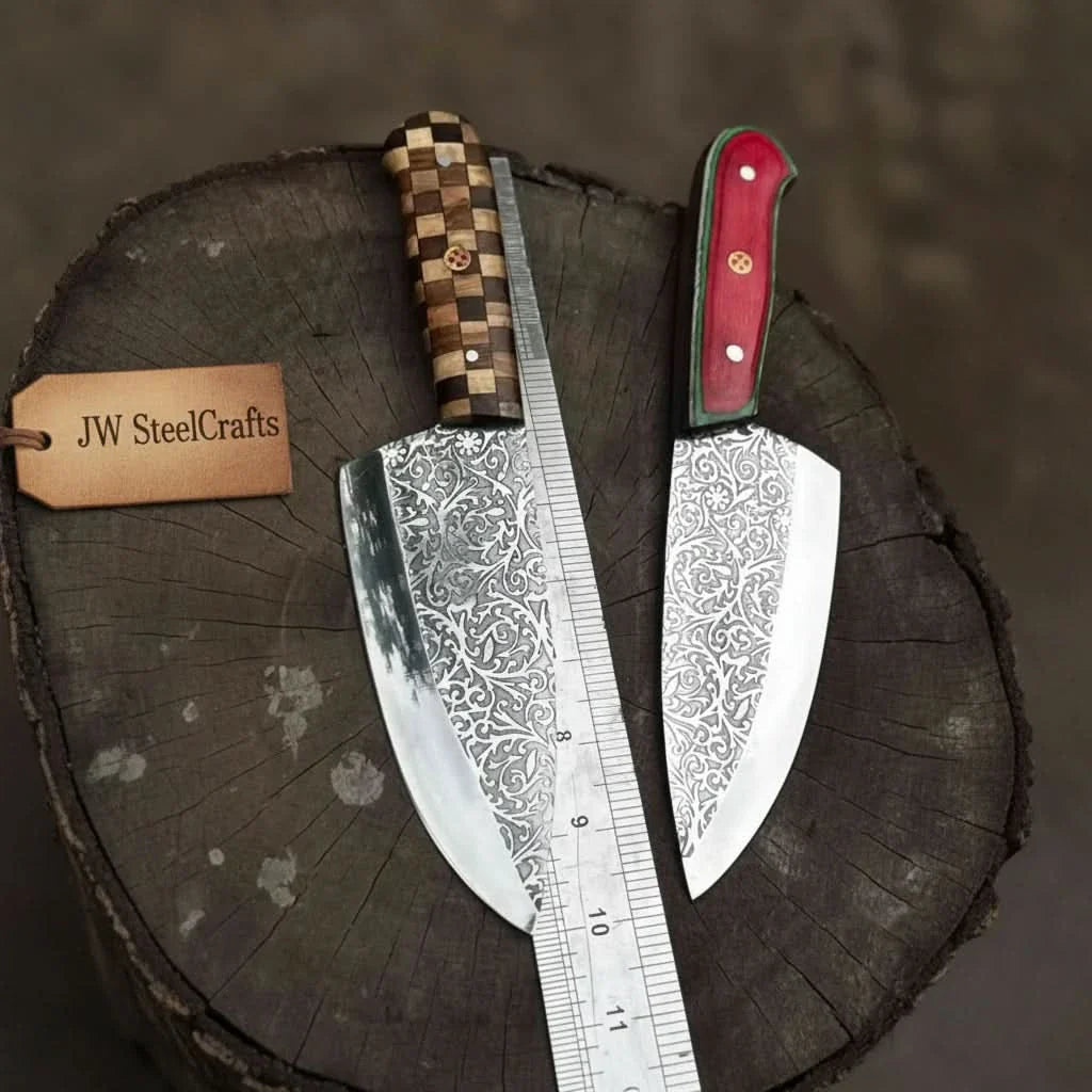 Acid-Etched Chef Knife with Red Pakka Wood & Checker Brown Wood Handle