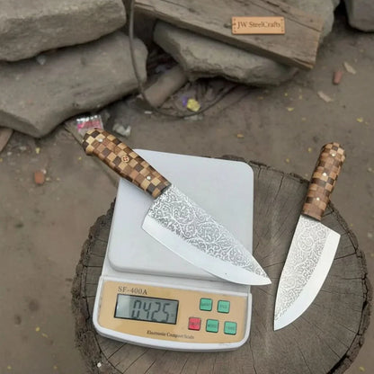 Acid-Etched Chef Knife with Red Pakka Wood & Checker Brown Wood Handle