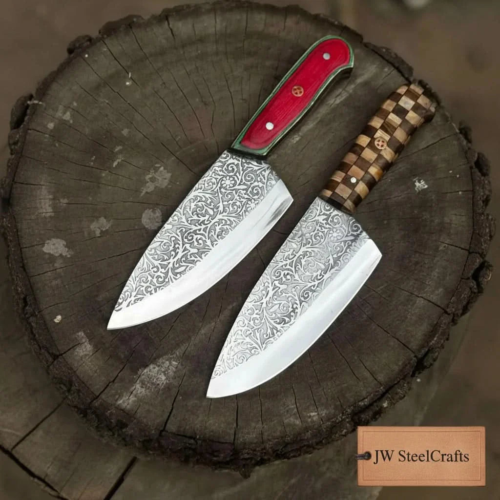 Acid-Etched Chef Knife with Red Pakka Wood & Checker Brown Wood Handle