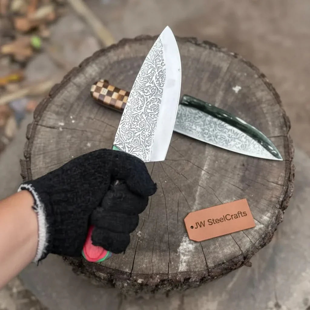 Acid-Etched Chef Knife with Red Pakka Wood & Checker Brown Wood Handle