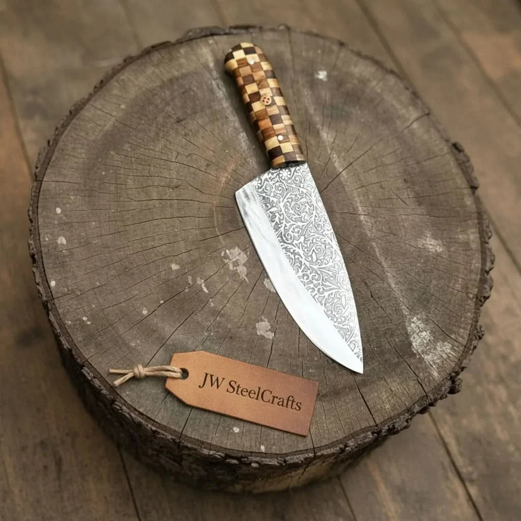 Acid-Etched Chef Knife with Red Pakka Wood & Checker Brown Wood Handle