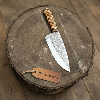 Acid-Etched Chef Knife with Red Pakka Wood & Checker Brown Wood Handle
