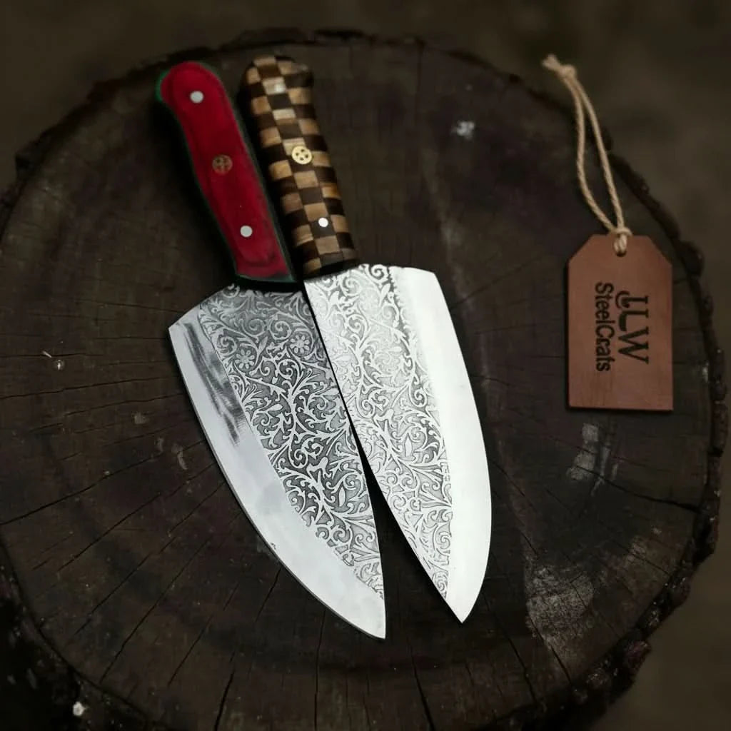Acid-Etched Chef Knife with Red Pakka Wood & Checker Brown Wood Handle