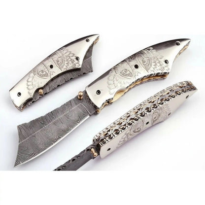 Handmade Damascus Folding Knife with Wolf Engraved Bone Handle & Leather Sheath