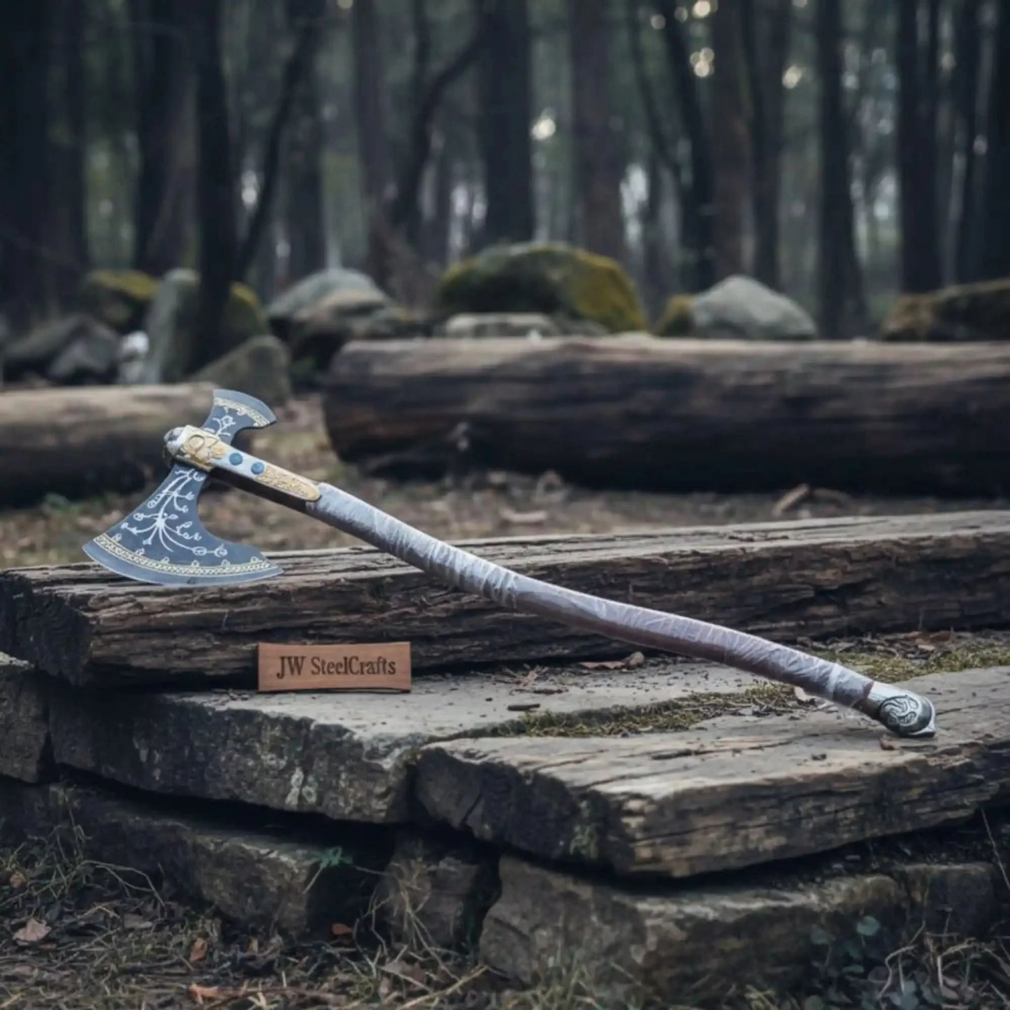 Hand Forged Viking Fantasy Double-Bit Axe with Norse Engraving, Gold Handle Fittings and Blue Gemstone Inlays
