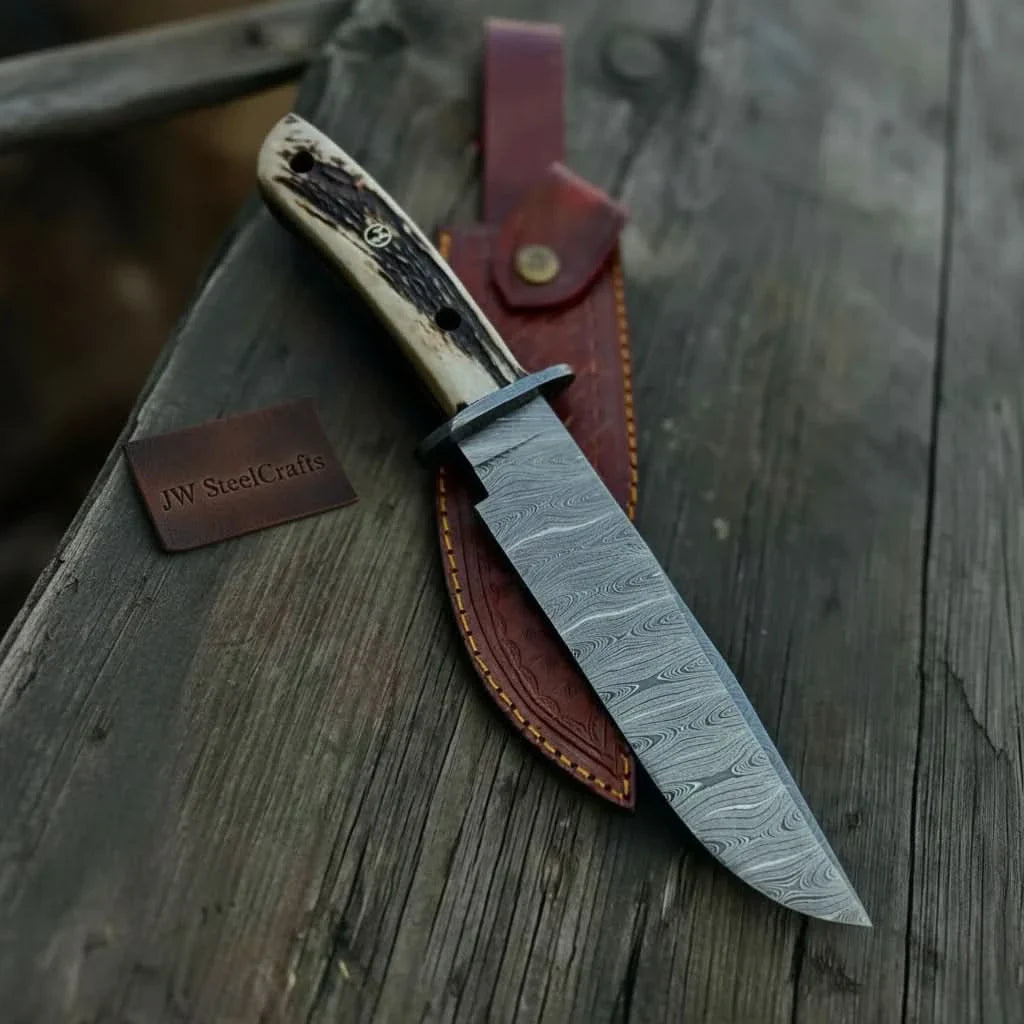 Handmade Damascus Hunting Knife with Stag Antler Bowie Blade