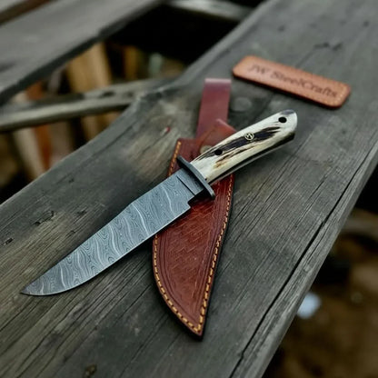 Handmade Damascus Hunting Knife with Stag Antler Bowie Blade