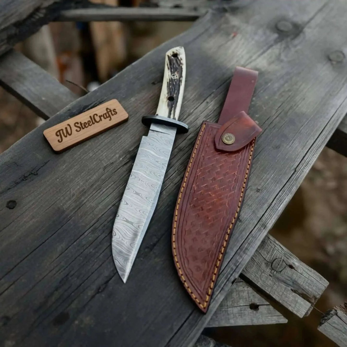 Handmade Damascus Hunting Knife with Stag Antler Bowie Blade