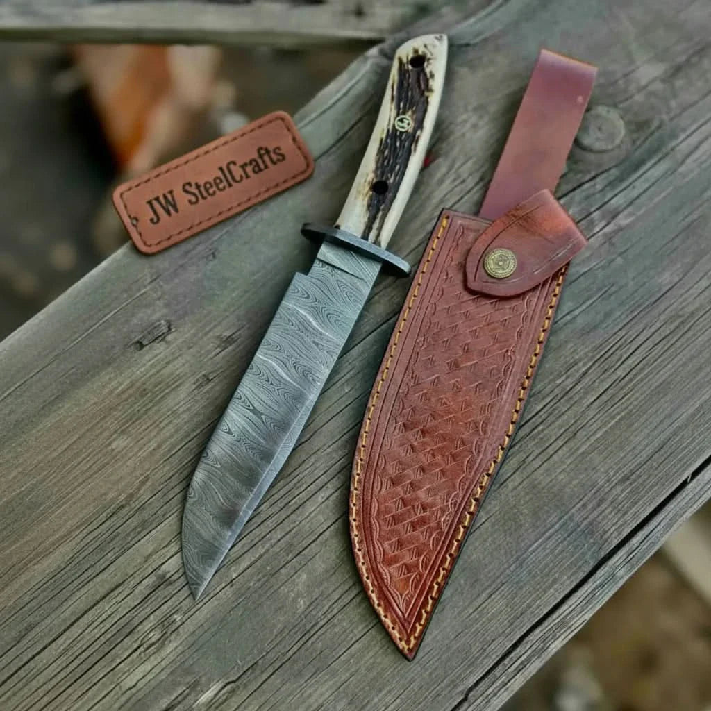 Handmade Damascus Hunting Knife with Stag Antler Bowie Blade