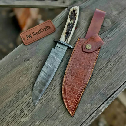 Handmade Damascus Hunting Knife with Stag Antler Bowie Blade