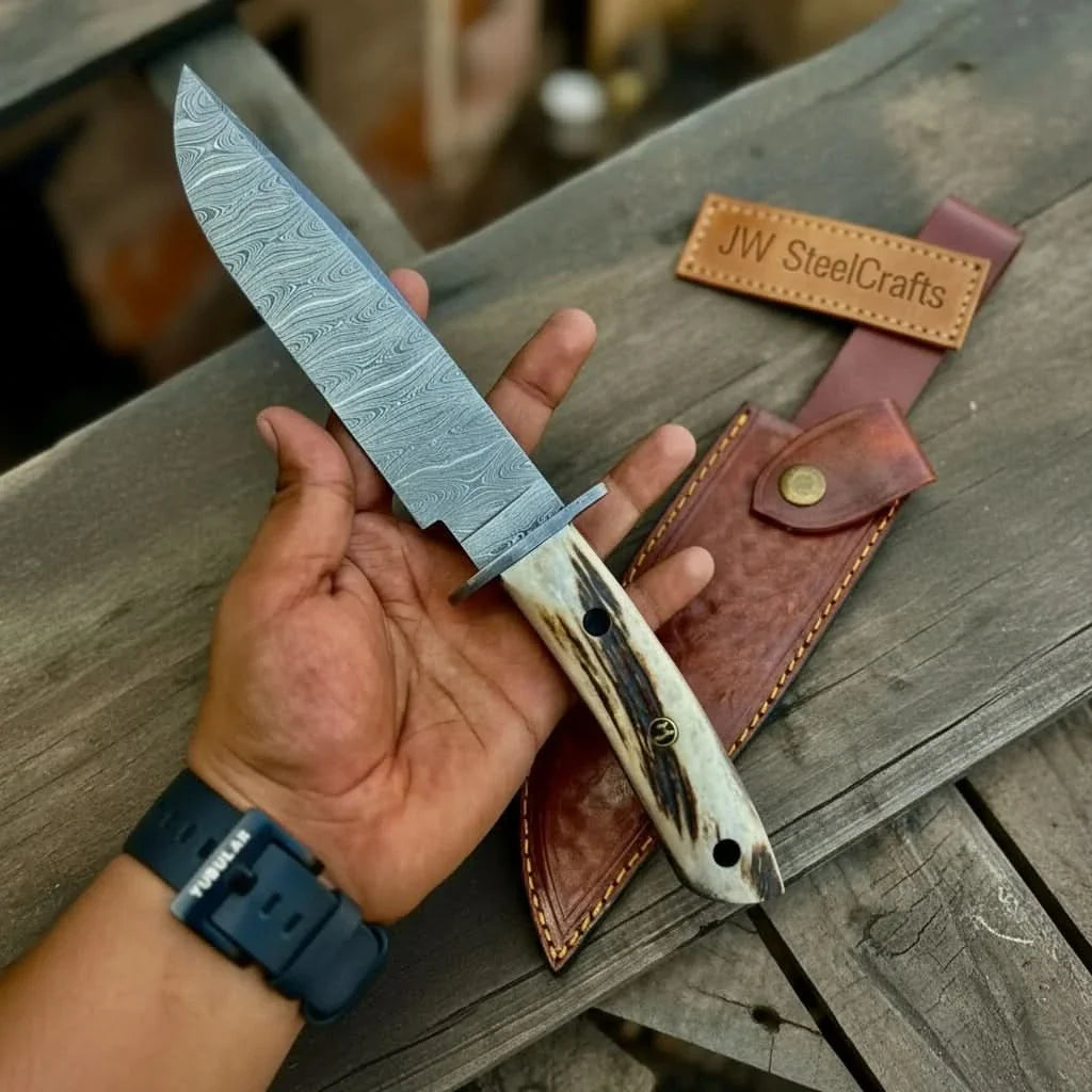 Handmade Damascus Hunting Knife with Stag Antler Bowie Blade