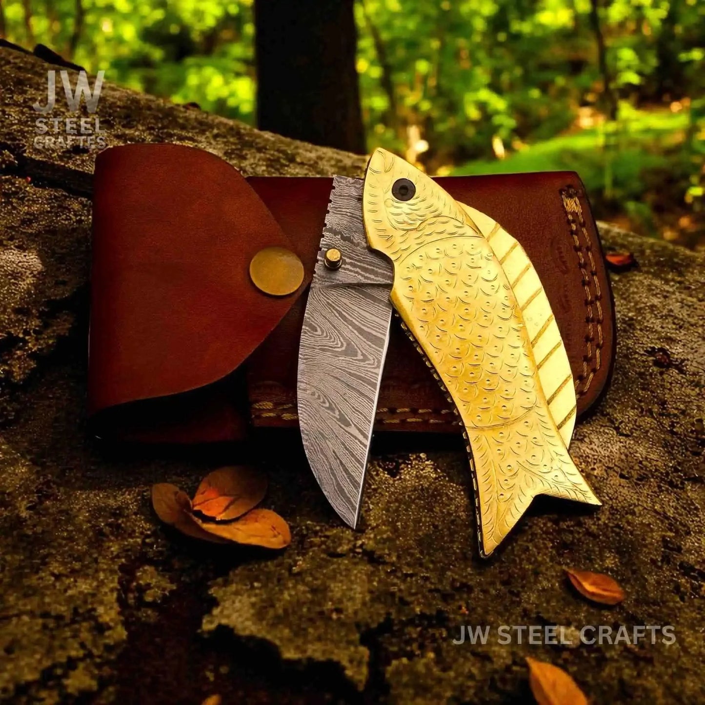 Handmade Damascus Steel Folding Knife with Engraved Brass Fish Handle