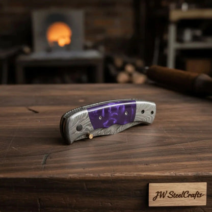 Feather Pattern Damascus Folding Knife with Purple Resin Handle