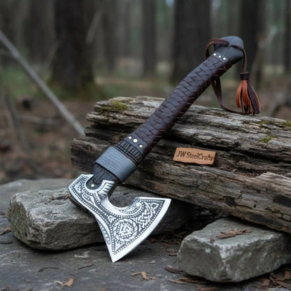 Viking Style Engraved Axe | Handcrafted Leather Wrapped Handle