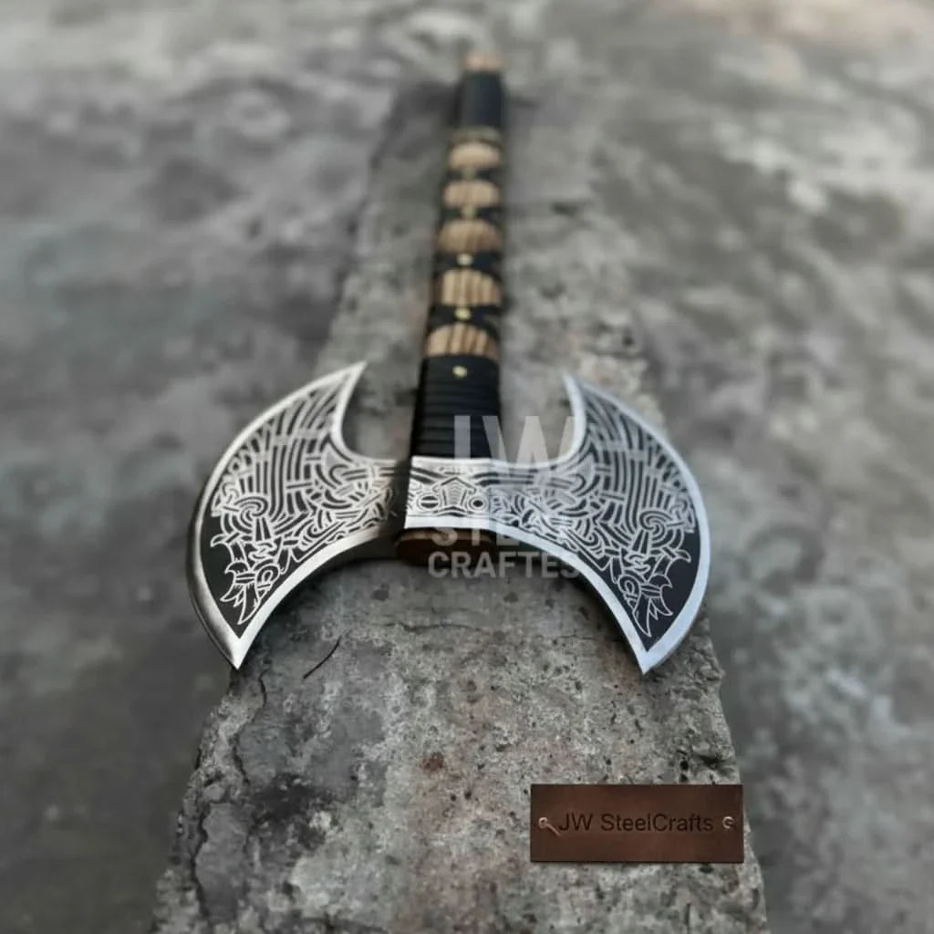 Hand Engraved Double Headed Viking Axe with Nordic Knotwork and Leather Wrapped Handle