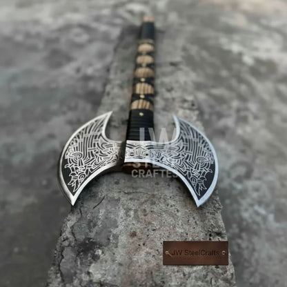 Hand Engraved Double Headed Viking Axe with Nordic Knotwork and Leather Wrapped Handle