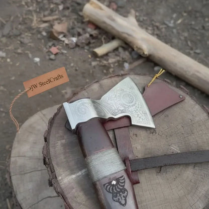 Viking Bearded Axe with Norse Engraved Blade and Leather Sheath