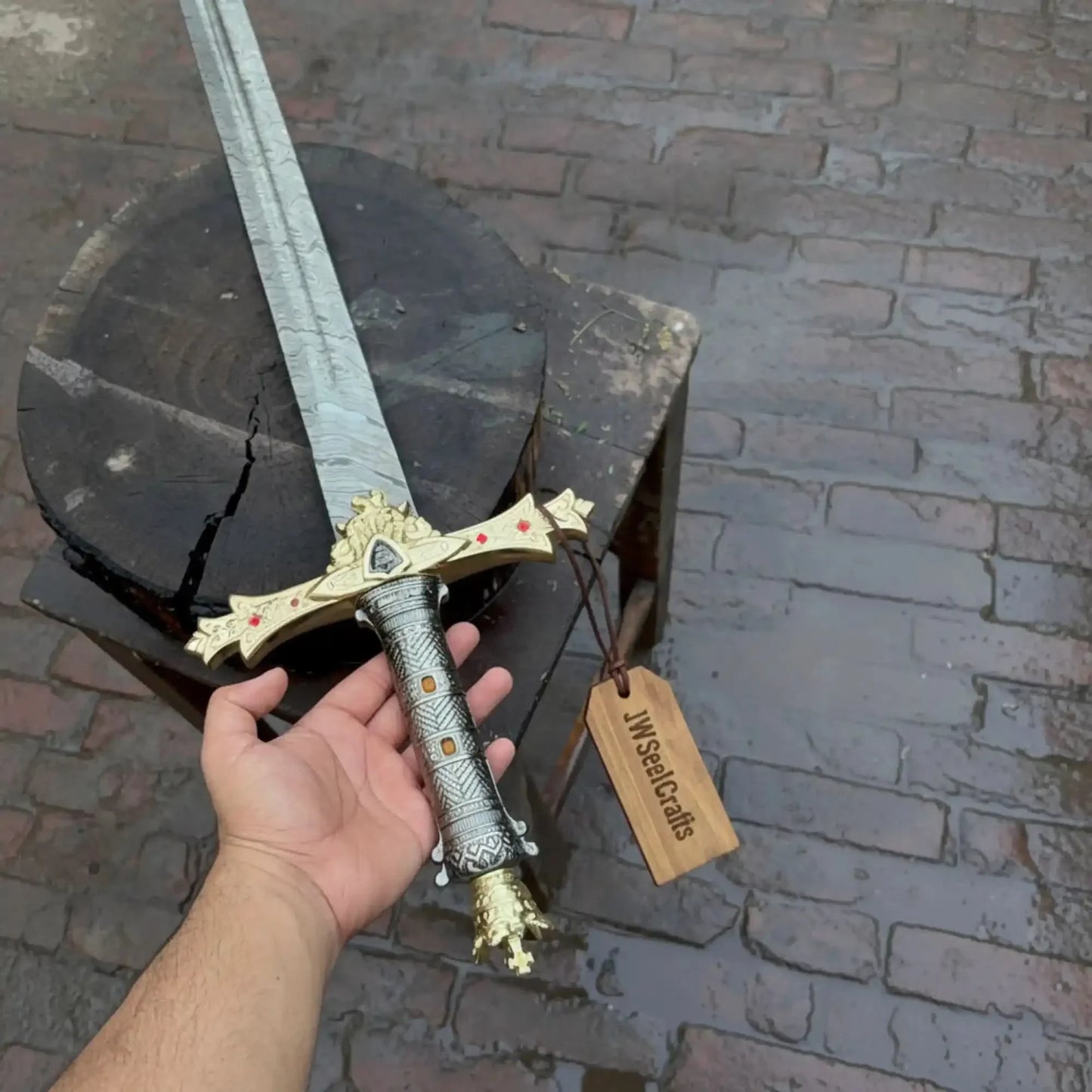 Handmade Golden Crusade Authentic Crusader Replica Sword in Damascus Steel with Crossguard