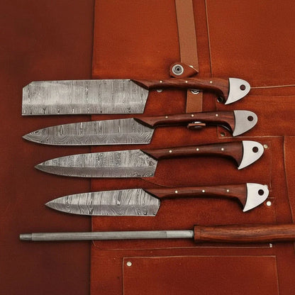 4-Piece Handmade Damascus Kitchen Knife Set – Rosewood Handles, Steel Bolsters & Brass Pins | Chef, Santoku, Cleaver & Utility | Leather Roll & Honing Rod Included