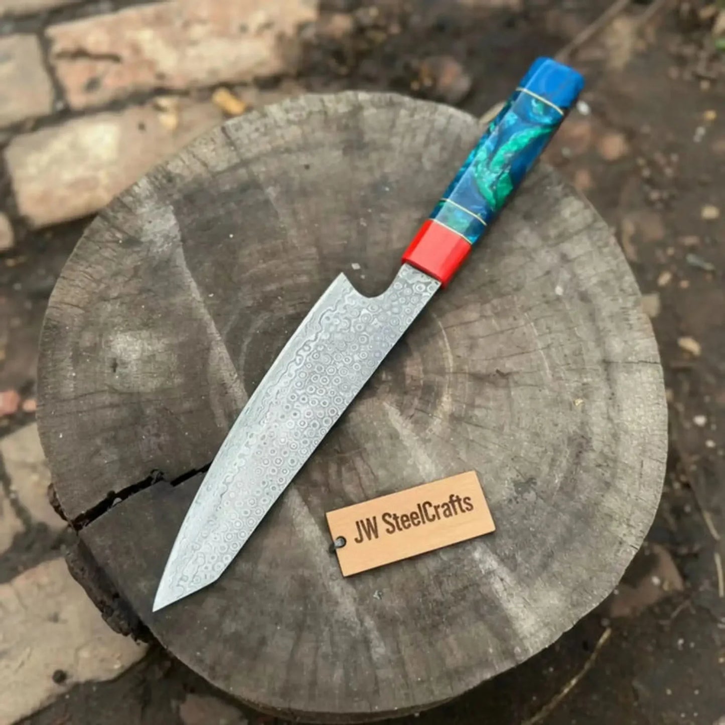 Kiritsuke Style Chef Knife Raindrop Damascus Steel Blade Epoxy Resin Handle | Japanese Kitchen Knife