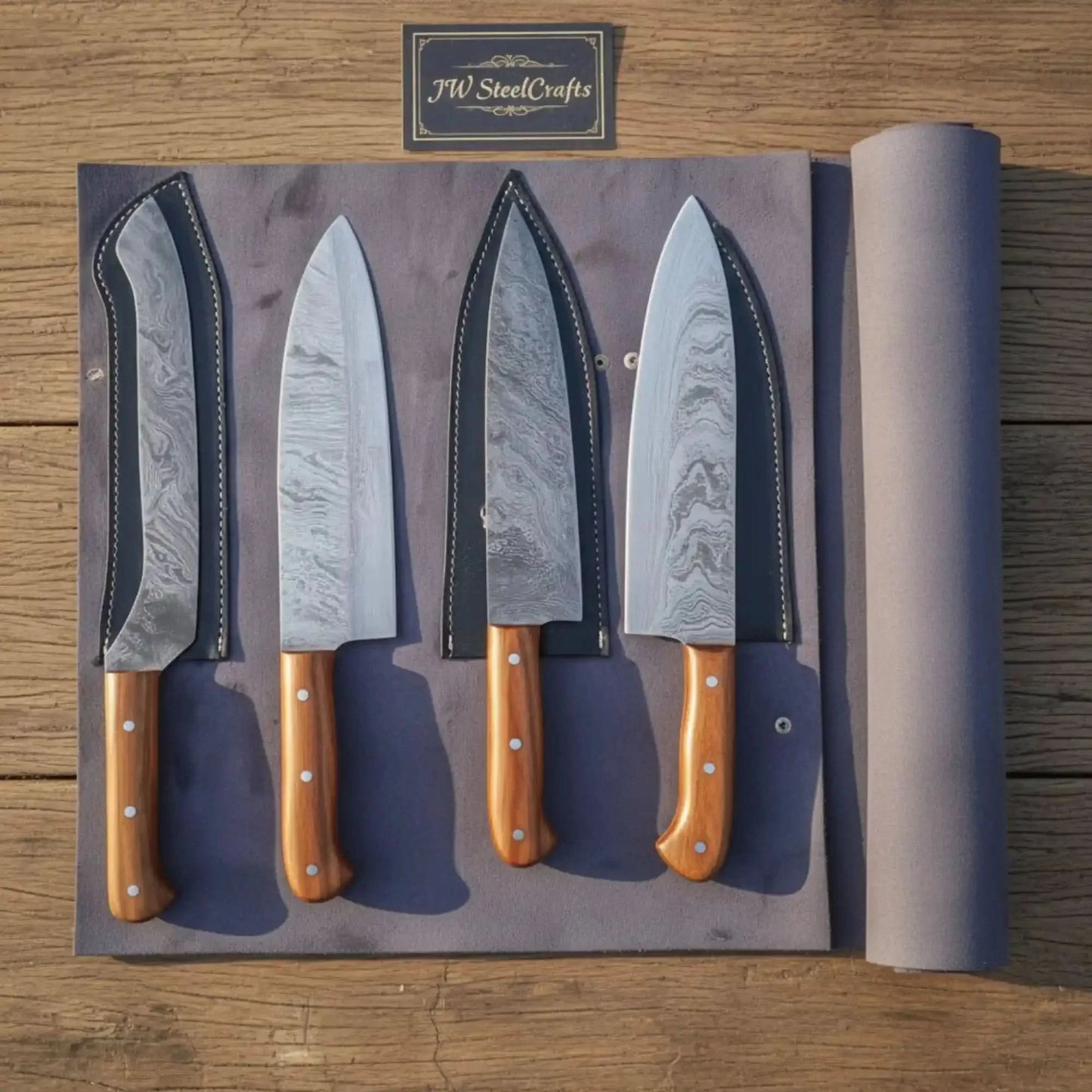 4-Piece Damascus Nakiri Gyuto Santoku Knife Set with Wood Grain Damascus Blades