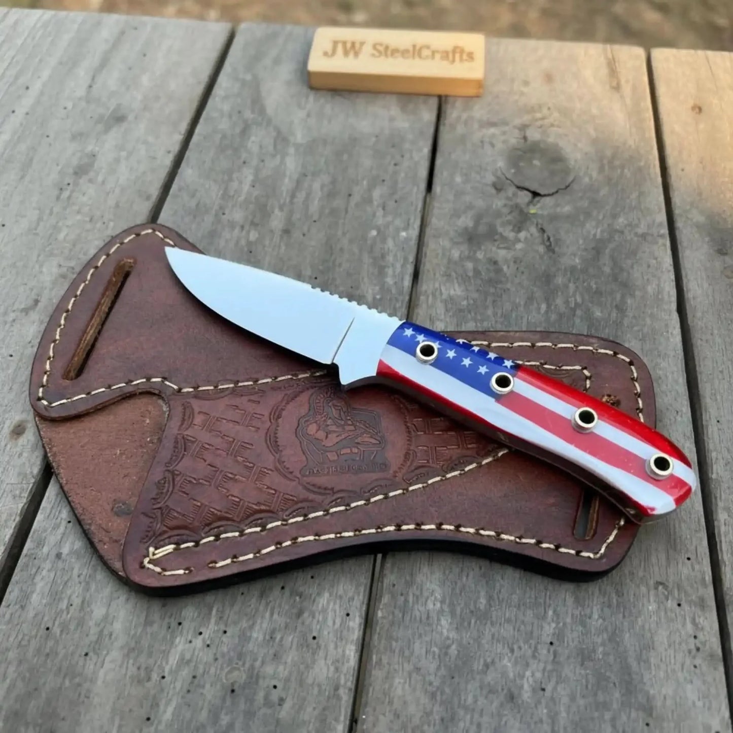 Custom Fixed Blade Knife – Drop Point Outdoor EDC with USA Flag Handle and Leather Sheath