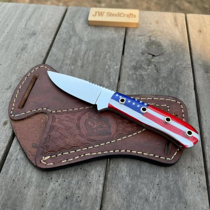 Custom Fixed Blade Knife – Drop Point Outdoor EDC with USA Flag Handle and Leather Sheath